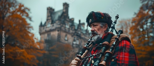 Highland Melodies: Bagpiper and Castle Silhouette. Concept Bagpiper Performance, Scottish Castle, Sunset Silhouette, Celtic Music, Cultural Traditions