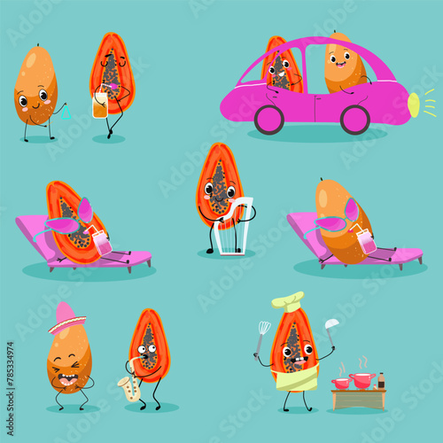 Cute papaya, pitahaya fruit characters set, collection. Flat vector illustration. Activities, playing musical instruments, sports, funny fruits.