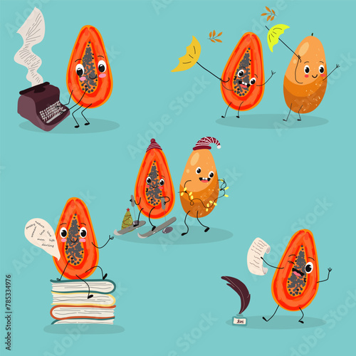 Cute papaya, pitahaya fruit characters set, collection. Flat vector illustration. Activities, playing musical instruments, sports, funny fruits.