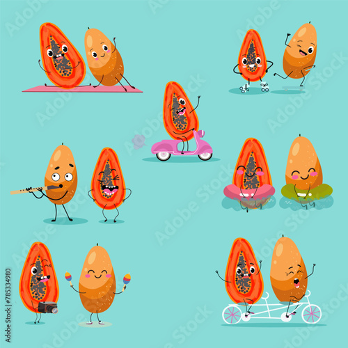 Cute papaya, pitahaya fruit characters set, collection. Flat vector illustration. Activities, playing musical instruments, sports, funny fruits.