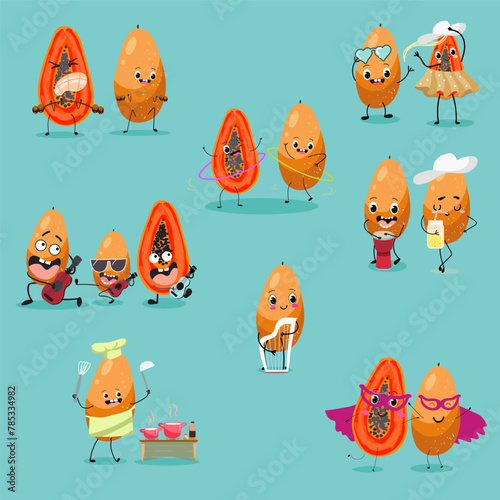 Cute papaya, pitahaya fruit characters set, collection. Flat vector illustration. Activities, playing musical instruments, sports, funny fruits.