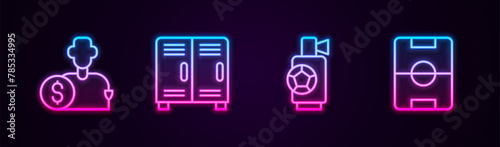 Set line Buy football player, Locker or changing room, Air horn and Football field. Glowing neon icon. Vector