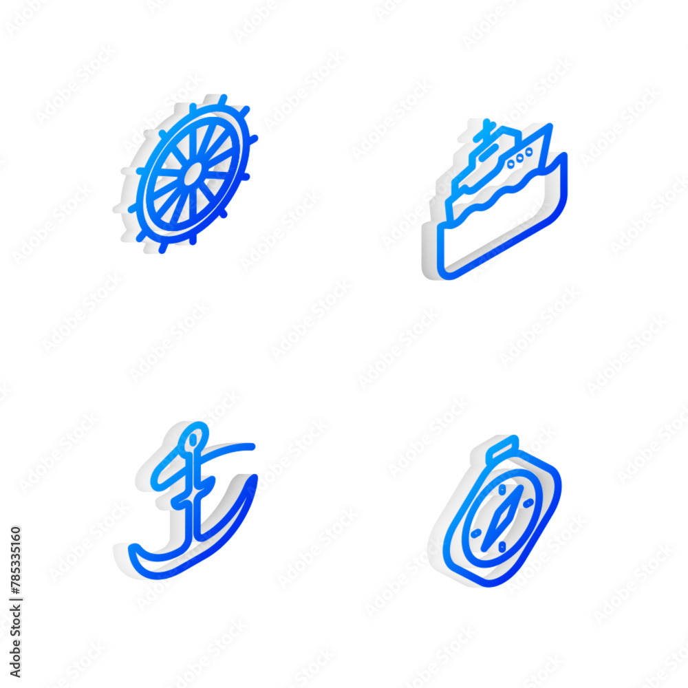 Set Isometric line Cruise ship, Ship steering wheel, Anchor and Compass icon. Vector Set Isometric line Cruise ship, Ship steering wheel, Anchor and Compass icon. Vector