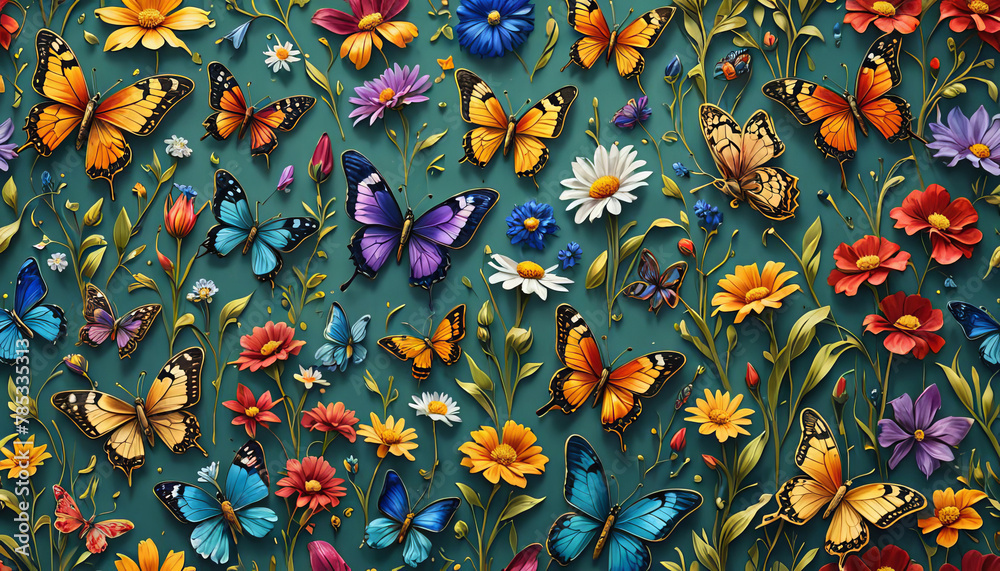 Vibrantly colorful, lush floral and intricate illustrated artwork of graceful, photorealistic butterflies in a kaleidoscopic, dreamily atmospheric setting. - obrazy, fototapety, plakaty 