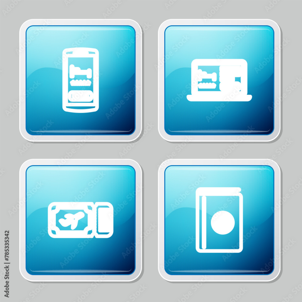 Set line Online hotel booking, , Airline ticket and Cover travel guide icon. Vector Set line Online hotel booking, , Airline ticket and Cover travel guide icon. Vector