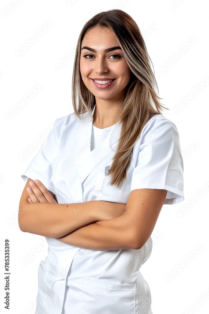 A smiling female nurse with her arms crossed. A smiling female nurse with her arms crossed.