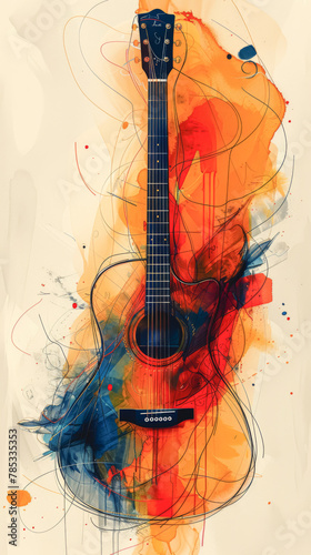 Creative design of a guitar drawn with watercolor paint.