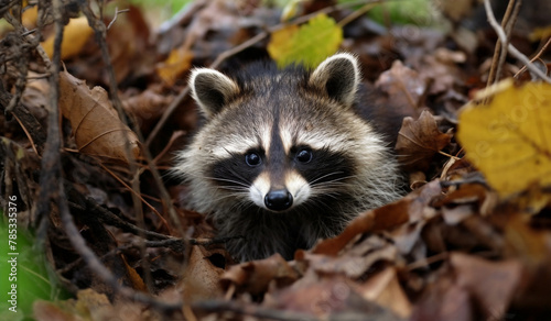 a raccoon is hiding in the leaves of the forest, looking at the camera manoeue