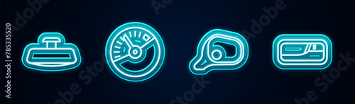 Set line Car mirror, Speedometer, and door handle. Glowing neon icon. Vector