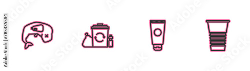 Set line Environment protection whale dead, Cream cosmetic tube, Recycle bin with recycle and Paper glass icon. Vector