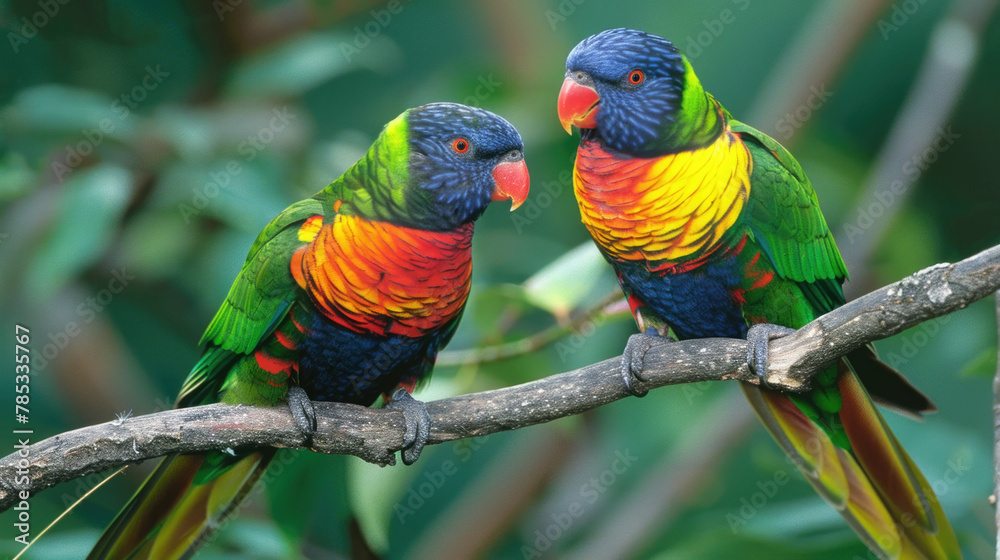 Two vibrant birds, one red and one blue, sit on a tree branch. The birds are perched side by side, displaying their colorful plumage Two vibrant birds, one red and one blue, sit on a tree branch. The birds are perched side by side, displaying their colorful plumage