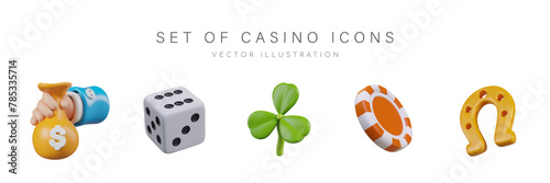 Hand holding money bag, dice, golden horseshoe, poker chip, shamrock
