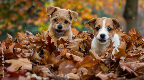 Two small dogs of different breeds sitting together in a pile of autumn leaves in a park