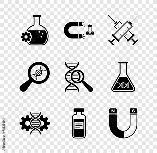 Set Bioengineering, Customer attracting, Crossed syringe, Gene editing, Medical vial, ampoule and Magnet icon. Vector