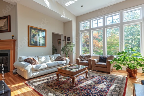 Home interior design plan with a gray sofa and floor-to-ceiling windows, showcasing the outdoor view.. Beautiful simple AI generated image in 4K, unique.