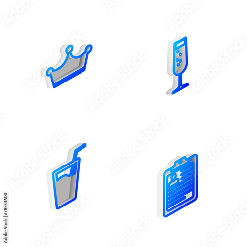 Set Isometric line Glass of champagne, Crown, with water and Clipboard resume icon. Vector