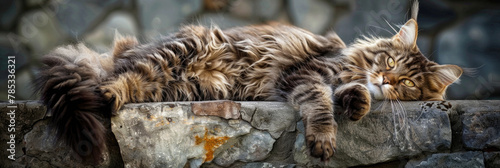 A cat lies comfortably on top of a stone wall, basking in the sunlight and observing its surroundings © sommersby