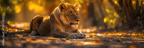 A lioness laying down in the center of a dense forest, surrounded by trees and foliage, under the dappled sunlight filtering through the canopy