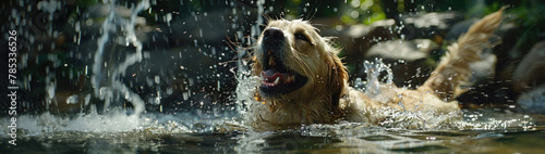 A playful dog splashes around in the water while holding a frisbee in its mouth, enjoying a fun game on a sunny day photo