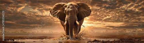 A massive elephant strides across a muddy field, its powerful legs kicking up clumps of earth as it moves through the terrain