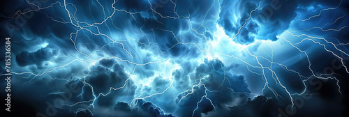 A dark blue and black background featuring dramatic lightning strikes cutting through the sky, creating a striking and dynamic visual effect