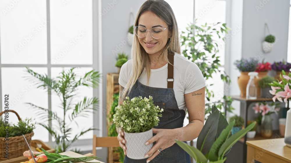 Smiling woman with glasses arranges a potted plant in a bright flower shop with various plants in the background. Smiling woman with glasses arranges a potted plant in a bright flower shop with various plants in the background.