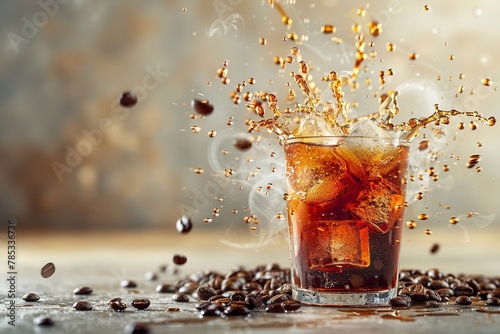 Coffee splash made of ice cubes and beans set against a backdrop of gray concrete with plenty of room for advertising, Generative AI.