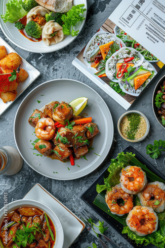 Assorted Asian Dishes on Stone Table - An assortment of Asian cuisine dishes on a stone tabletop with a menu, including shrimp, salads, and buns