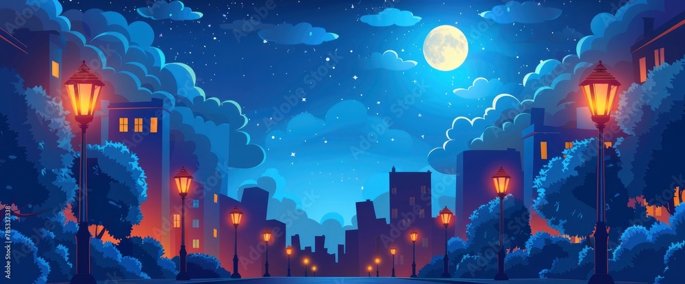 A street scene at night with the moon shining in the sky, featuring an illustration of a blue background with clouds and street lamps on both sides of the road.