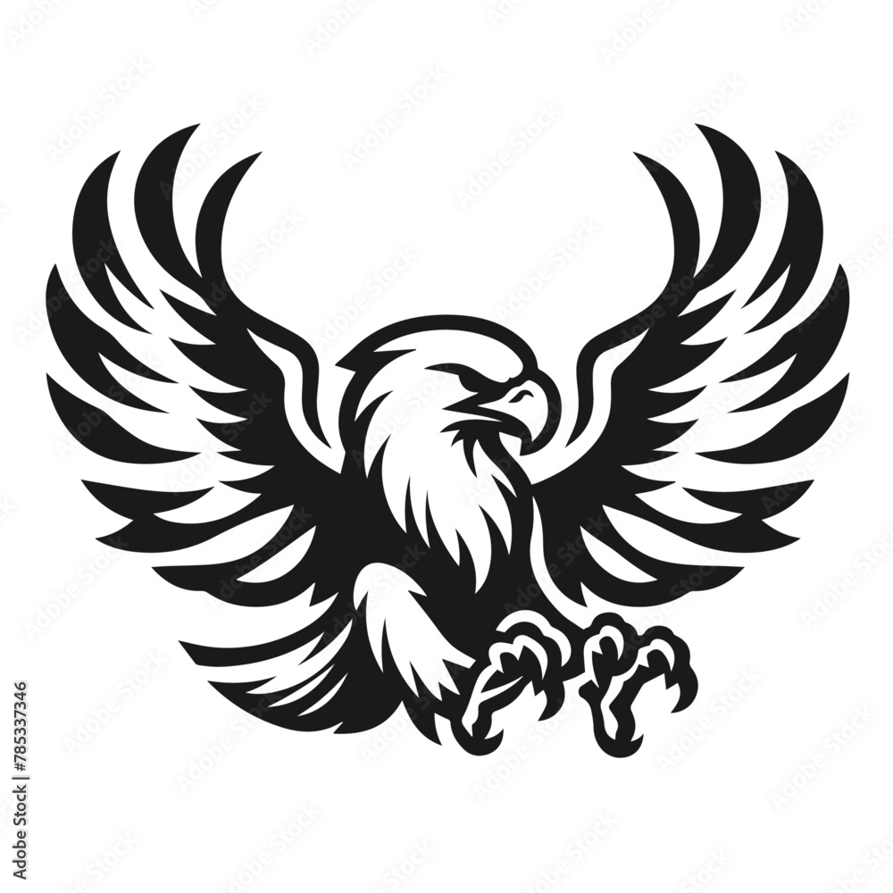 A large wild bird eagle flies with outstretched wings. Vector drawing linear sketch isolated on white background.	