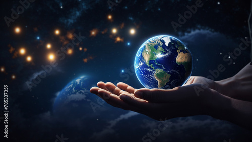 A pair of hands cupping the Earth in front of a starry background