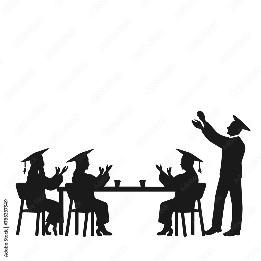 Happy graduate students with graduating caps and diploma or certificates, silhouette of group of people. Graduation event. Vector illustration	