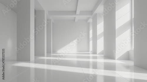 Minimalist white room with geometric shadows - An ultra-modern minimalist white room bathed in the geometric play of light and shadows creating a tranquil and clean space