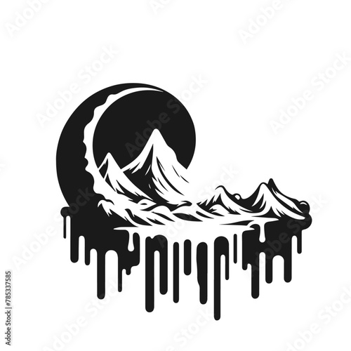Black and white mountain with moon logo vector silhouette isolated on white background
