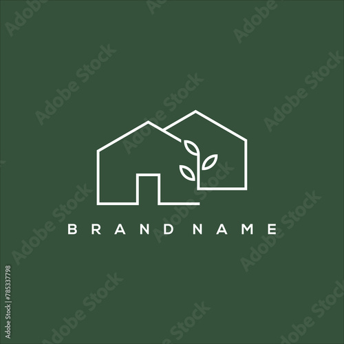 line art house leaf and garden house logo vector
