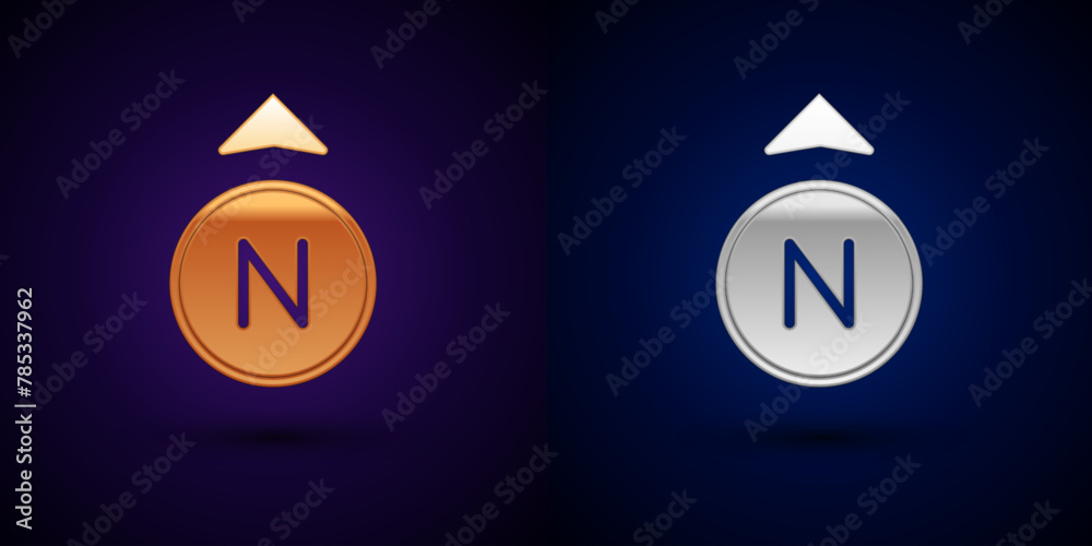 Gold and silver Compass icon isolated on black background. Windrose navigation symbol. Wind rose sign. Vector Gold and silver Compass icon isolated on black background. Windrose navigation symbol. Wind rose sign. Vector
