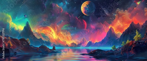 A stunning fantasy landscape with vibrant colors, featuring mountains and rivers under the night sky, planets in orbit, colorful clouds, trees on hillsides photo