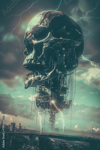 Futuristic skull with cybernetic enhancements - Dramatic scene of a giant cyberpunk skull with mechanical details against a stormy backdrop photo
