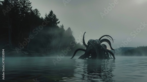 Mystical Lake Beast with Tentacles in Dawn Mist