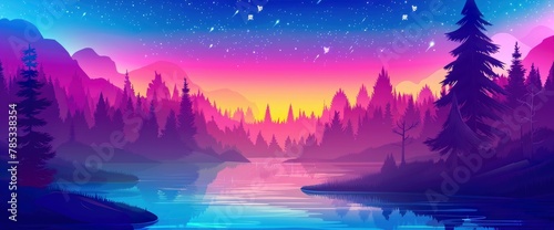 A stunning vector illustration of the night sky  featuring a serene river flowing through an ancient forest under the glow of stars and moonlight.