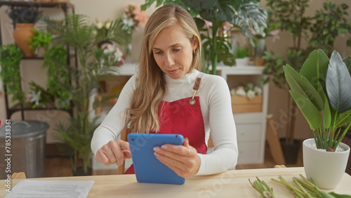 Blonde woman using tablet in a green flower shop with plants.