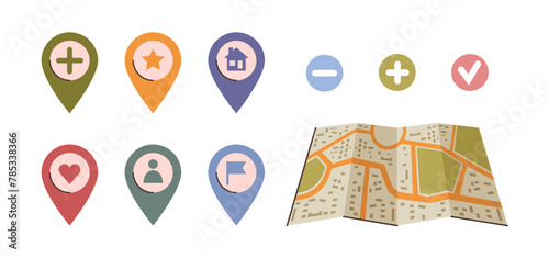 Map with navigation elements for search, add place, star and home, account and like, flag. Vector isolated set of icons for mobile application for destination and traveling, modern trip concept