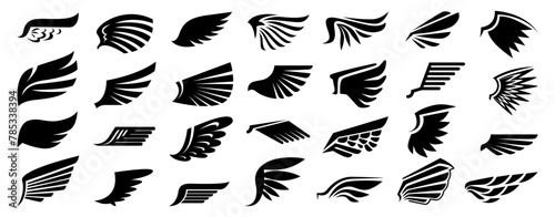 Retro or vintage silhouettes of black wings with feathers and plumage. Vector isolated angel, devil or avian animal bird part of body. Costume piece, fantasy winged decor or tattoo sketch