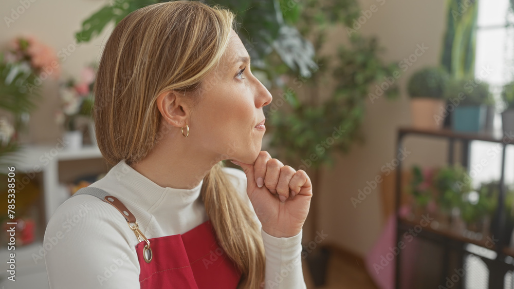 A contemplative young woman with blonde hair stands in a green indoor plant store looking thoughtful. A contemplative young woman with blonde hair stands in a green indoor plant store looking thoughtful.