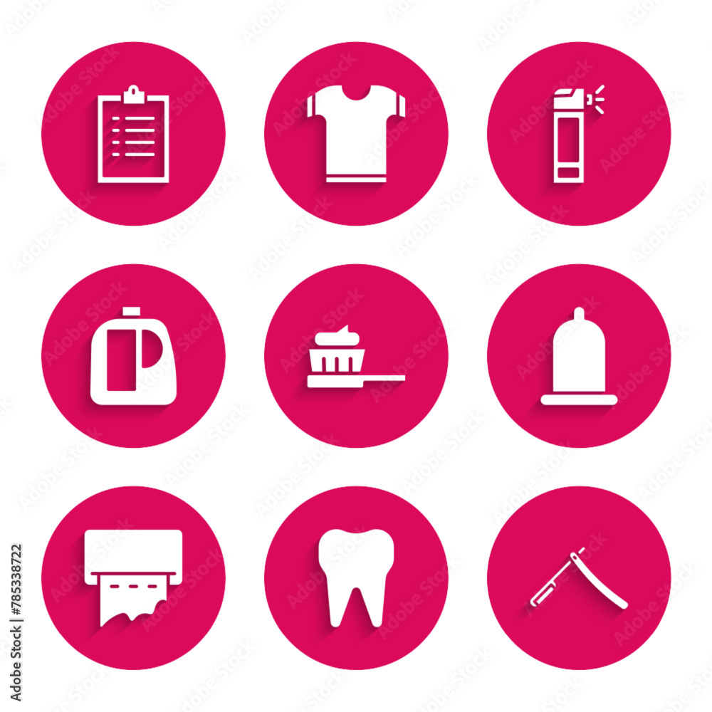 Set Toothbrush with toothpaste, Straight razor, Condom, Paper towel dispenser wall, Bottles for cleaning agent, nozzle spray and Clipboard checklist icon. Vector Set Toothbrush with toothpaste, Straight razor, Condom, Paper towel dispenser wall, Bottles for cleaning agent, nozzle spray and Clipboard checklist icon. Vector