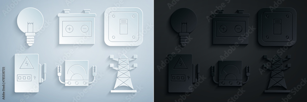 Set Ampere meter, multimeter, voltmeter, Electric light switch, Electrical panel, High voltage power pole line, Car battery and Light bulb icon. Vector