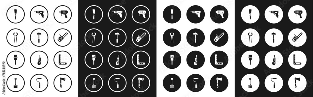 Set Electric drill machine, Hammer, Pincers and pliers, Putty knife, Chainsaw, hot glue gun, Corner ruler and Paint brush icon. Vector