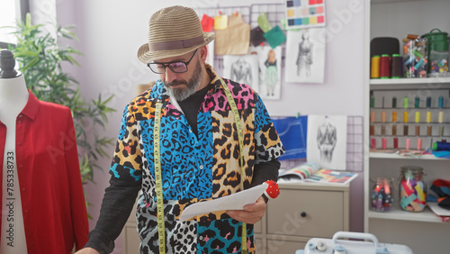 Stylish man wearing colorful jacket examines paperwork in a modern tailor's workshop, surrounded by fashion design sketches and sewing accessories.