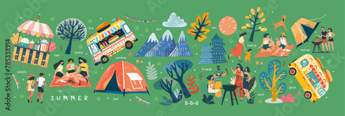 Summer festival, picnic and barbecue. Vector illustrations of park, nature, trees, resting walking people on weekends and holidays, family, camping tent, fair, bus stand selling burger and popcorn © Ardea-studio