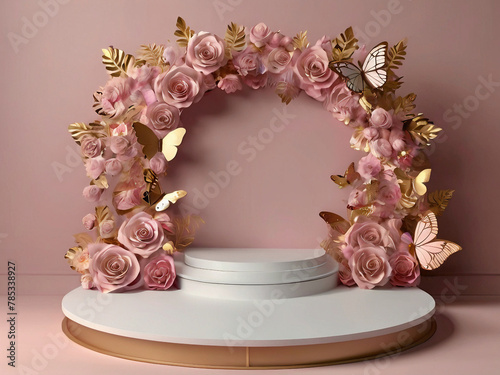 pink rose and golden leaves with pinl background 
